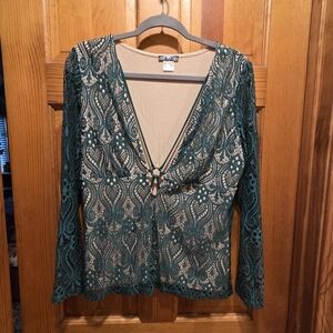 VENUS Teal Lace Long-Sleeve Blouse